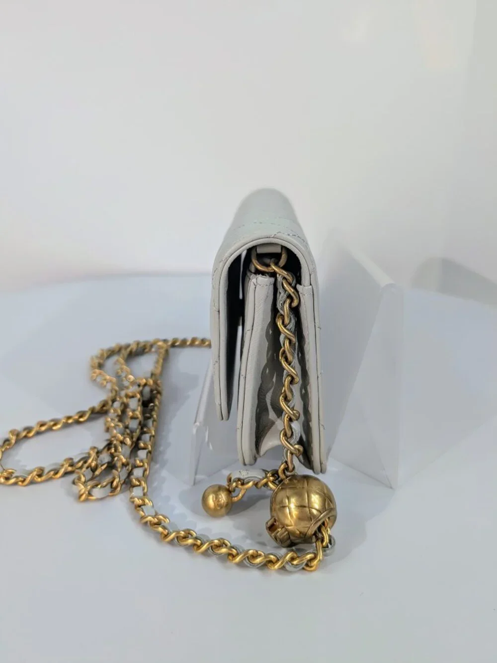 Chanel Light Grey Wallet on Chain (WOC) with Gold Charm